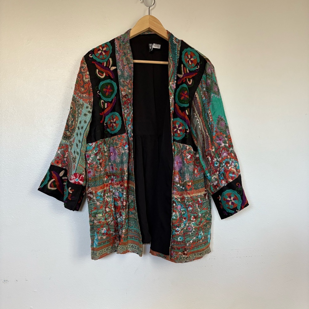 Anu Embroidered Patchwork Silk Open Front Jacket‎ Cardigan Artsy Boho Size XL
